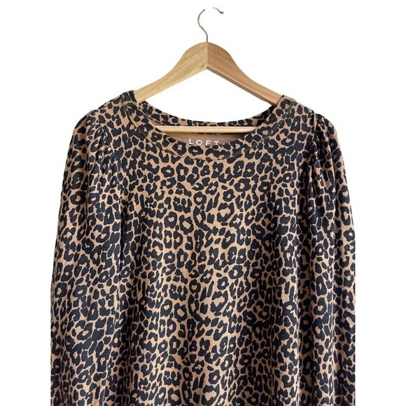 LOFT Size Medium Leopard Animal Print Black Tan Jersey Sweatshirt Puff Sleeve 10 - Picture 3 of 12